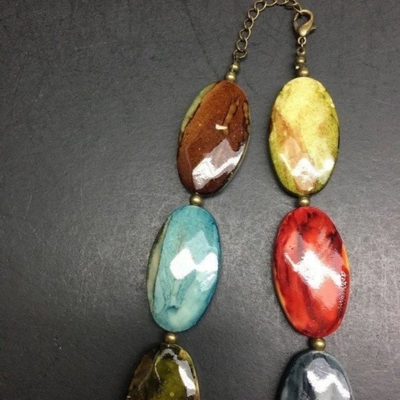 Multicolor Necklace Chunky  As Is Oval Retro Marbled Faceted Boho - Picture 8 of 8